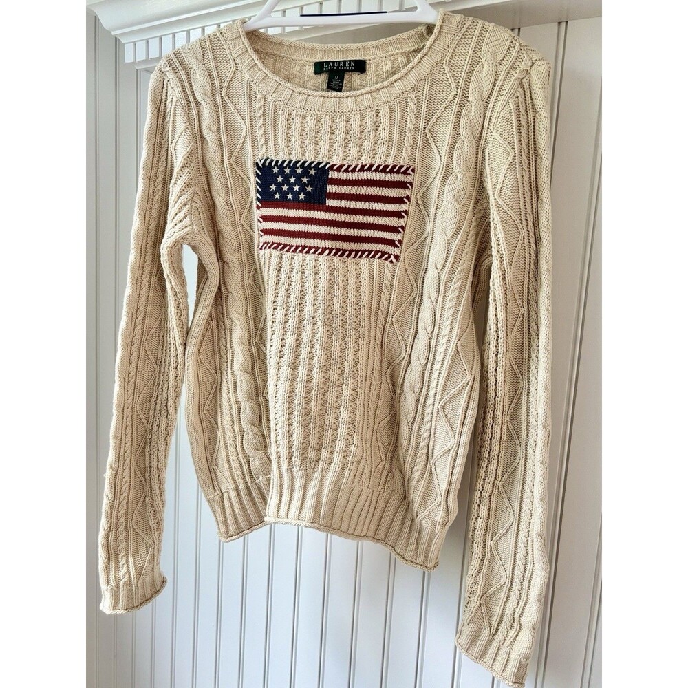 Vtg Ralph Lauren American Flag Aran Cable Knit Sweater 100% Cotton Cream Size M - Picture 7 of 11